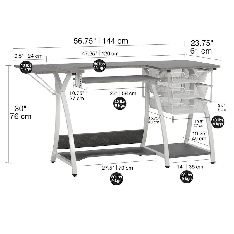 Sewing and Craft Table with Adjustable Platform and Storage Drawers