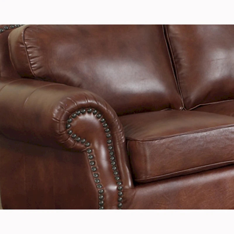 Top-Grain Distressed Leather Sofa with Nailhead Trim and Walnut Bun Feet