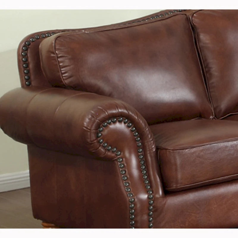 Top-Grain Distressed Leather Sofa with Nailhead Trim and Walnut Bun Feet