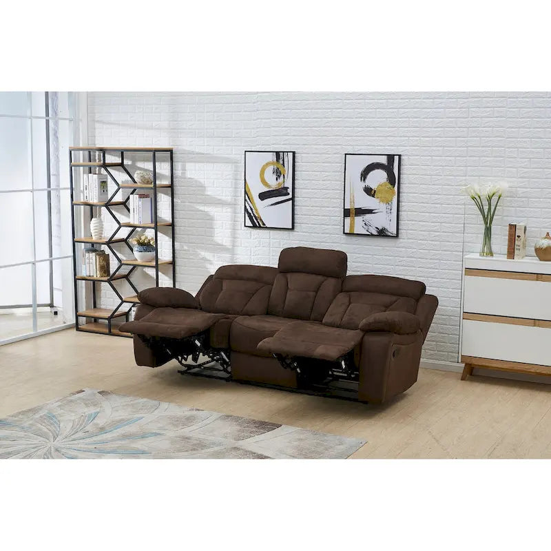 3-Seat Microfiber Manual Reclining Sofa with Split Back - Dark Brown