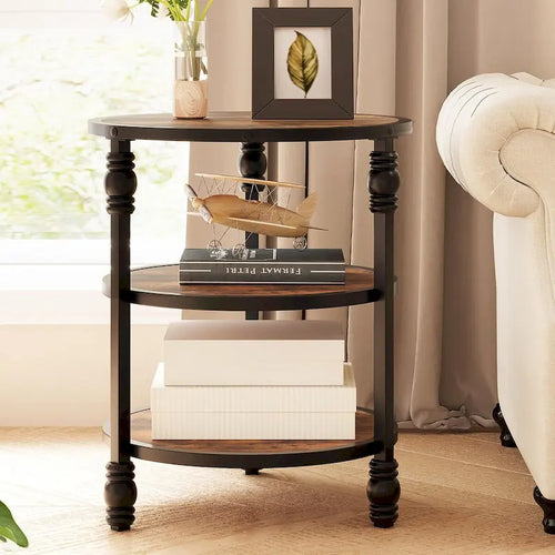 3-Tier Round End Table - Vintage Style Wood Grain Accent Table