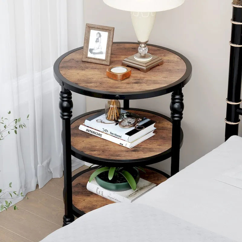 3-Tier Round End Table - Vintage Style Wood Grain Accent Table