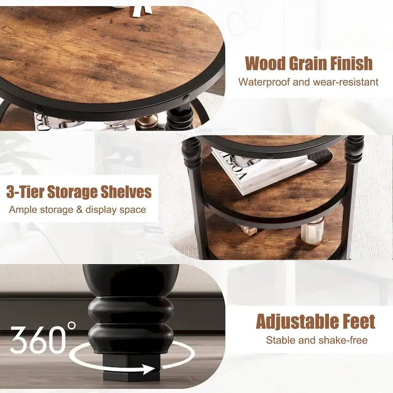3-Tier Round End Table - Vintage Style Wood Grain Accent Table