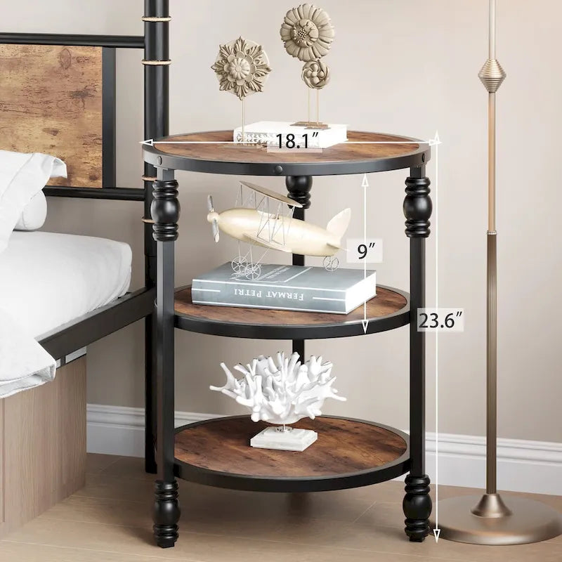 3-Tier Round End Table - Vintage Style Wood Grain Accent Table