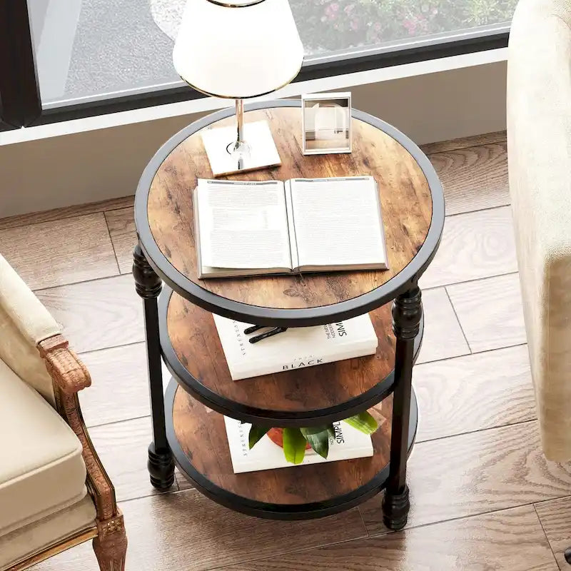 3-Tier Round End Table - Vintage Style Wood Grain Accent Table