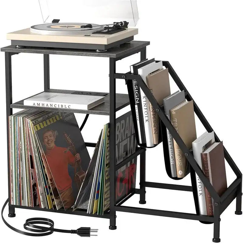 3-Tier Record Player Stand with Built-In Charging Station and Oxford Shelves