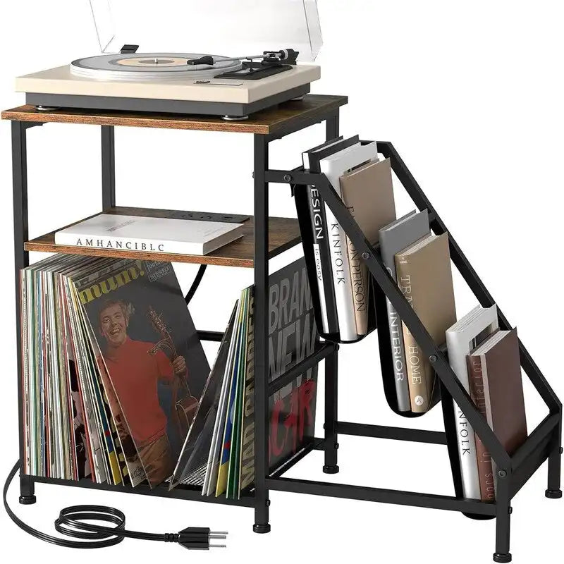 3-Tier Record Player Stand with Built-In Charging Station and Oxford Shelves