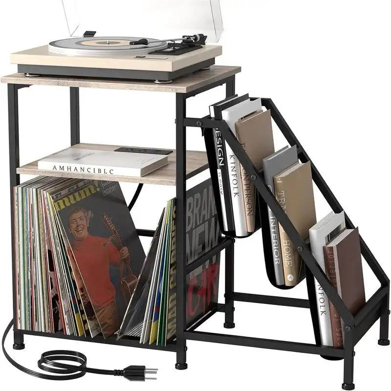 3-Tier Record Player Stand with Built-In Charging Station and Oxford Shelves