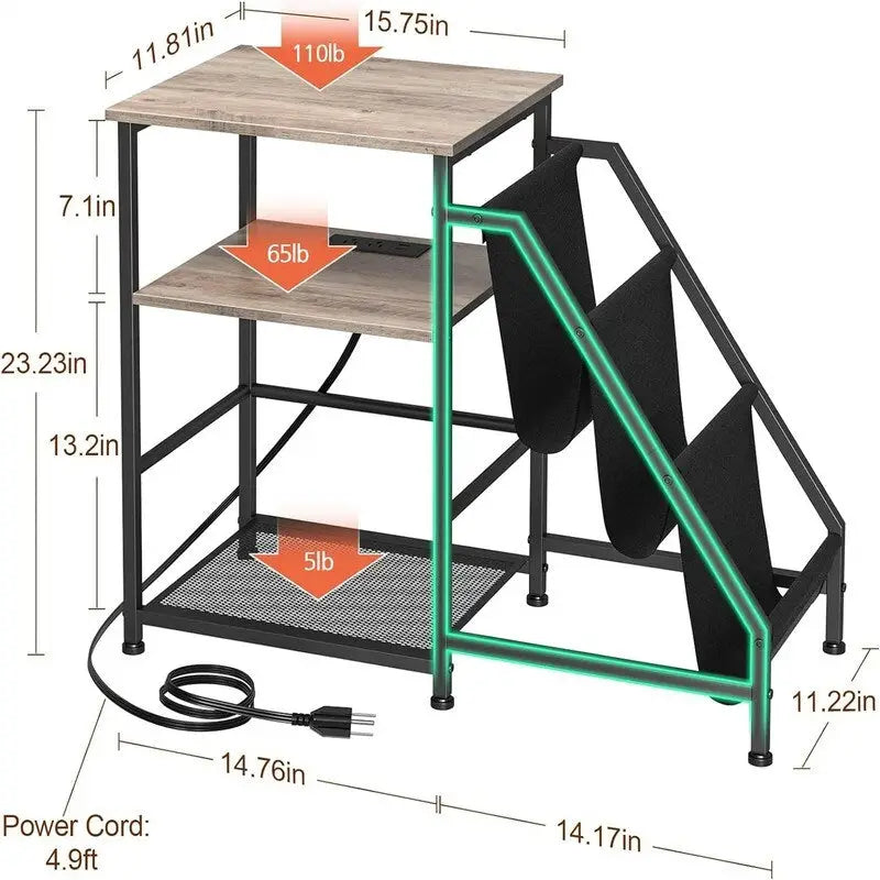 3-Tier Record Player Stand with Built-In Charging Station and Oxford Shelves