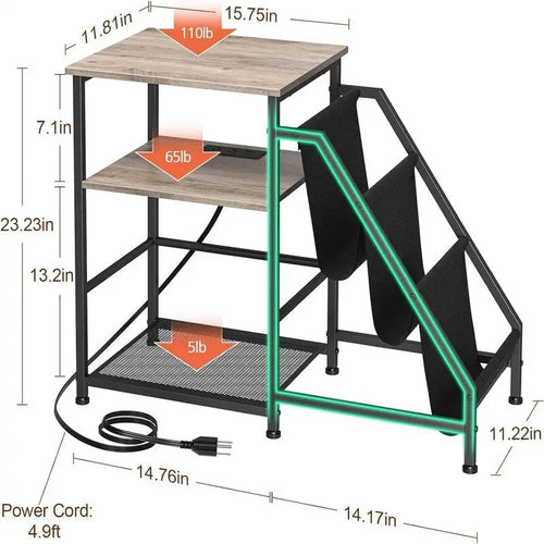 3-Tier Record Player Stand with Built-In Charging Station and Oxford Shelves
