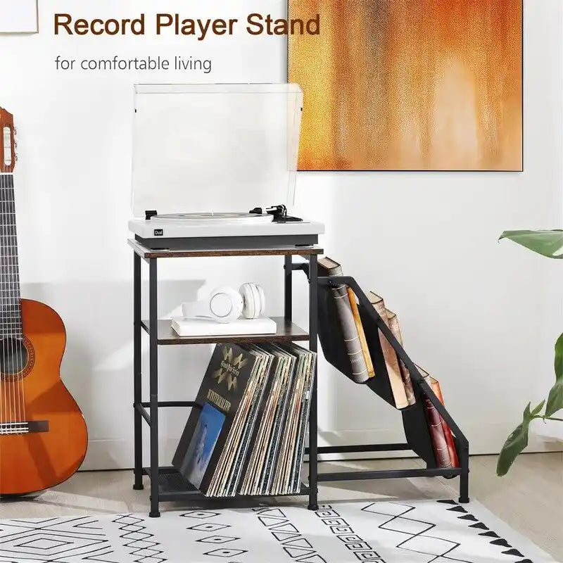3-Tier Record Player Stand with Built-In Charging Station and Oxford Shelves