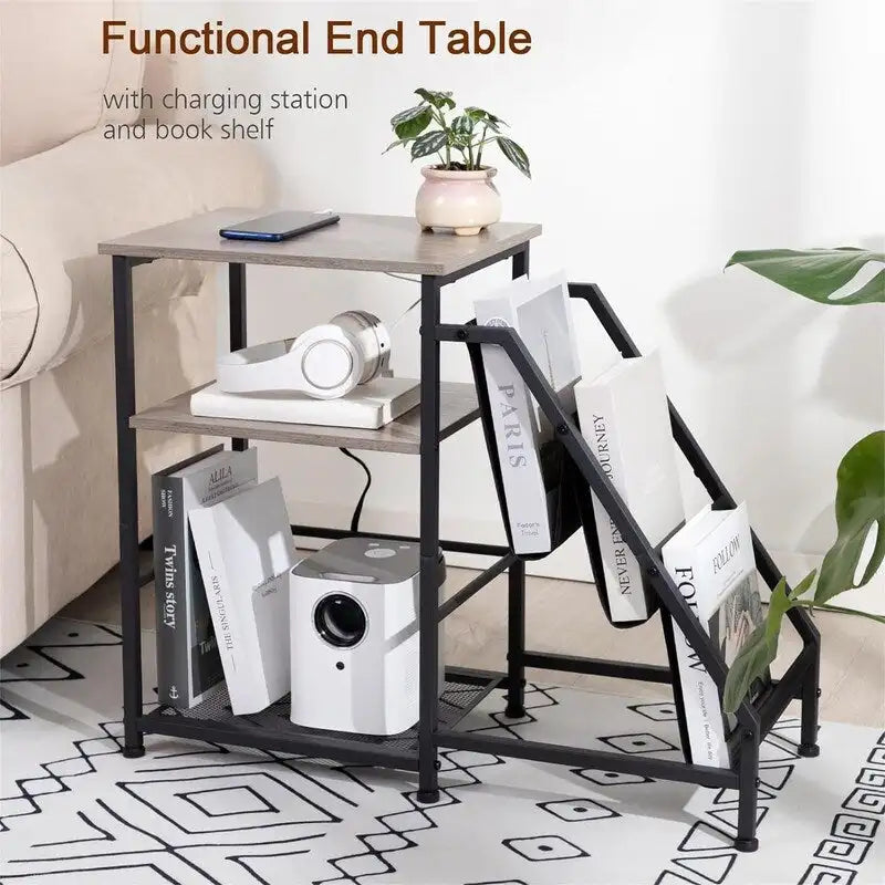 3-Tier Record Player Stand with Built-In Charging Station and Oxford Shelves