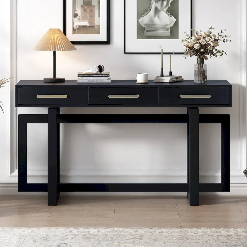 Extra Long Console Table with 3 Drawers and Bottom Shelf