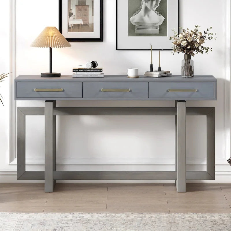 Extra Long Console Table with 3 Drawers and Bottom Shelf