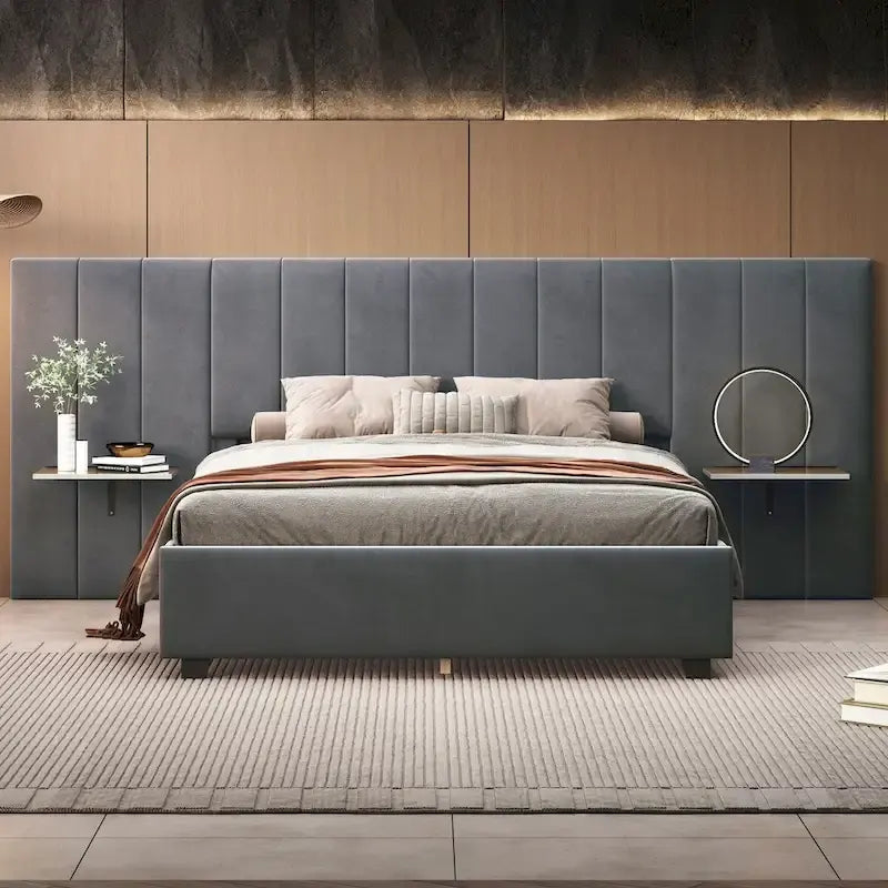 Upholstered Platform Bed with Oversized Headboard and Side Shelves