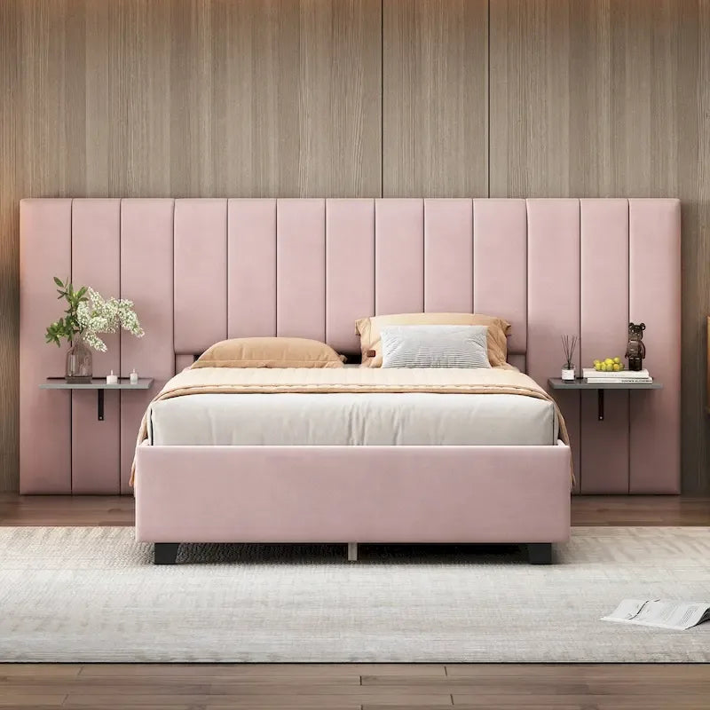 Upholstered Platform Bed with Oversized Headboard and Side Shelves