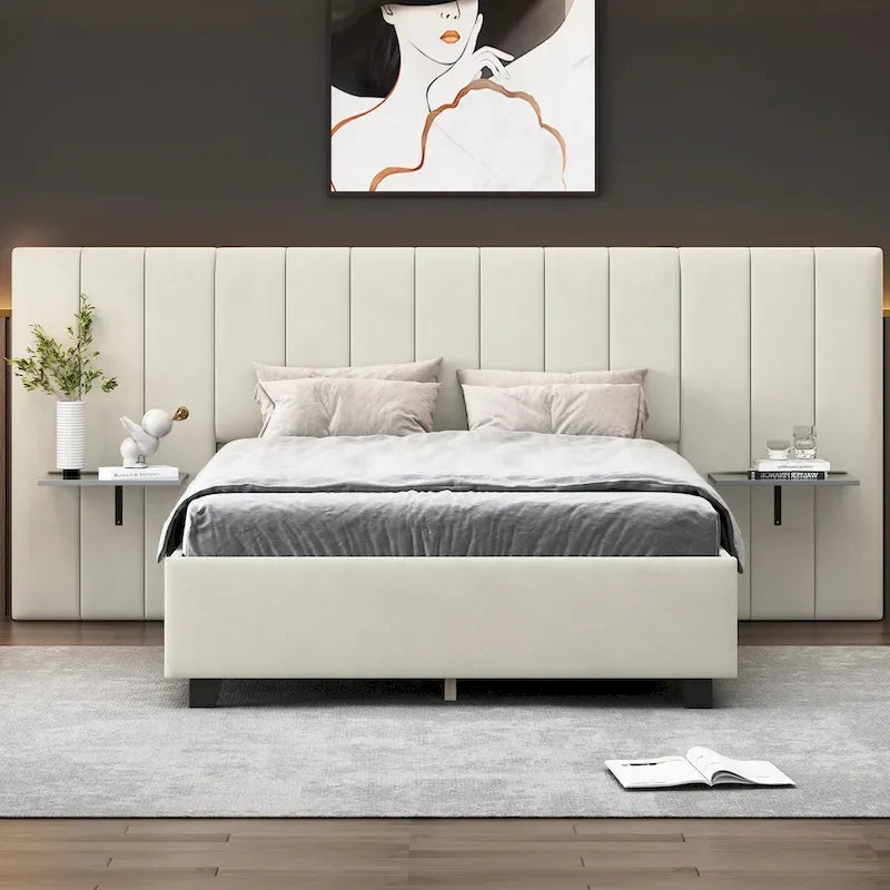 Upholstered Platform Bed with Oversized Headboard and Side Shelves
