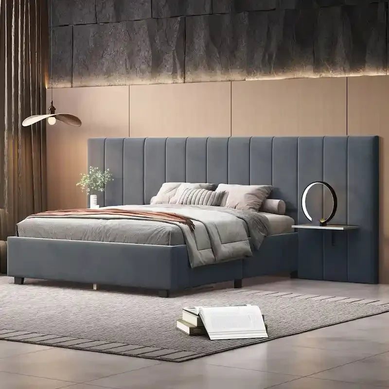 Upholstered Platform Bed with Oversized Headboard and Side Shelves