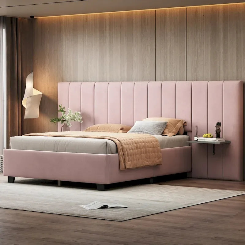Upholstered Platform Bed with Oversized Headboard and Side Shelves