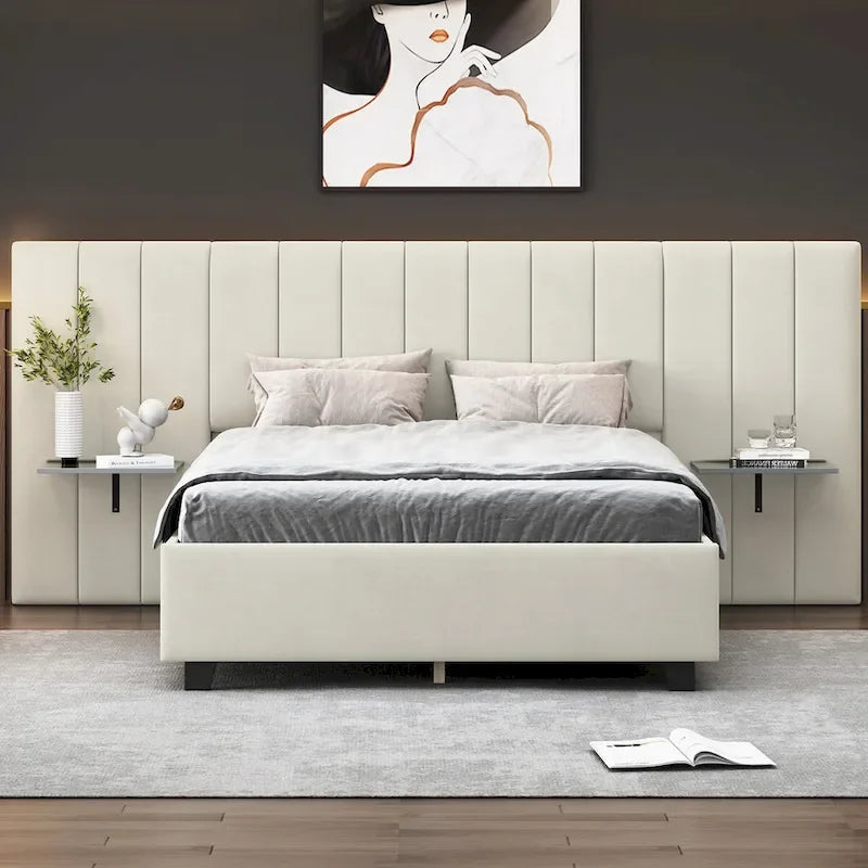 Upholstered Platform Bed with Oversized Headboard and Side Shelves