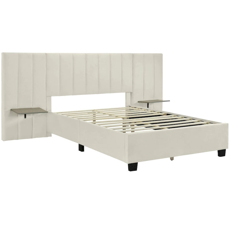 Upholstered Platform Bed with Oversized Headboard and Side Shelves