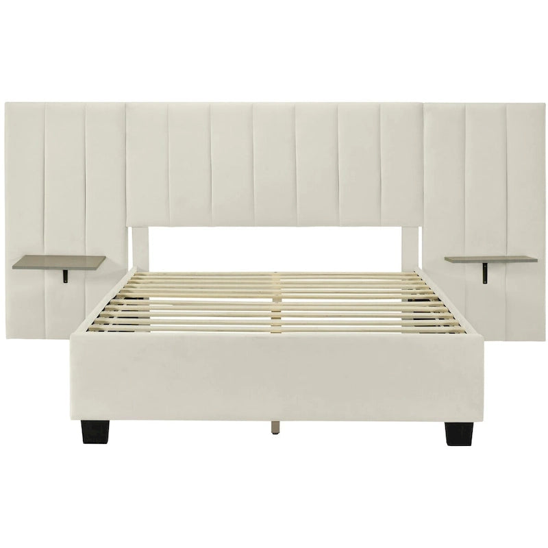 Upholstered Platform Bed with Oversized Headboard and Side Shelves