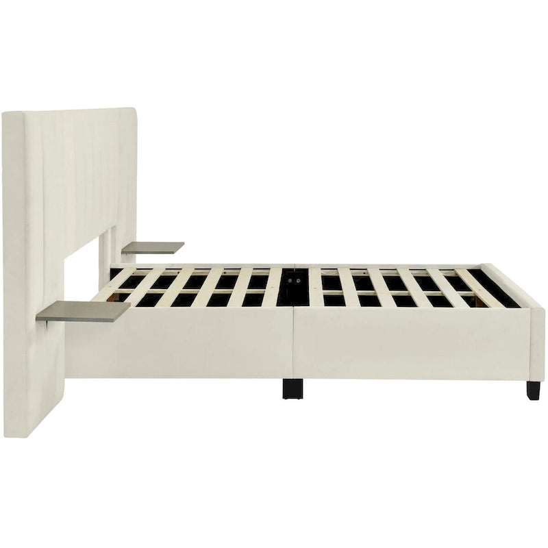 Upholstered Platform Bed with Oversized Headboard and Side Shelves