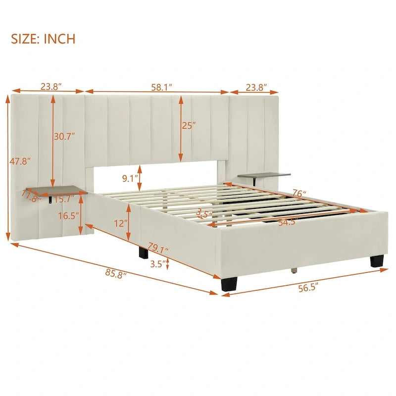 Upholstered Platform Bed with Oversized Headboard and Side Shelves