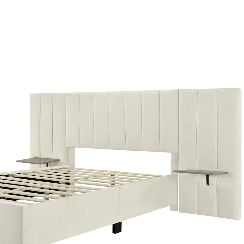 Upholstered Platform Bed with Oversized Headboard and Side Shelves