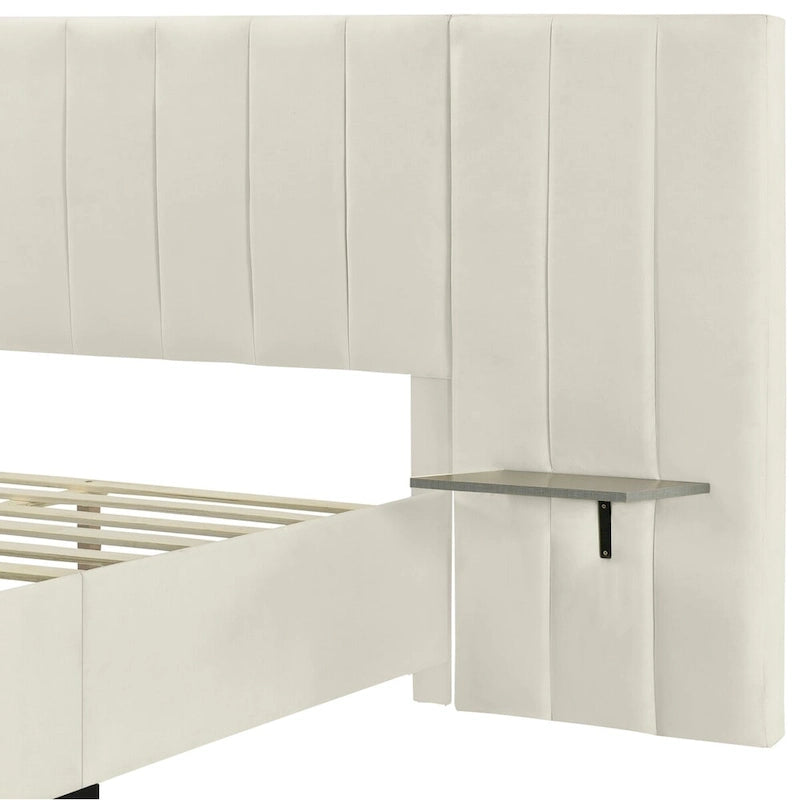 Upholstered Platform Bed with Oversized Headboard and Side Shelves