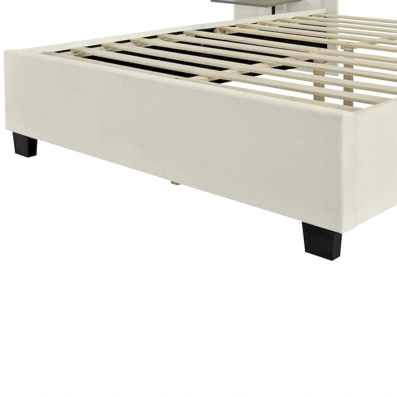 Upholstered Platform Bed with Oversized Headboard and Side Shelves