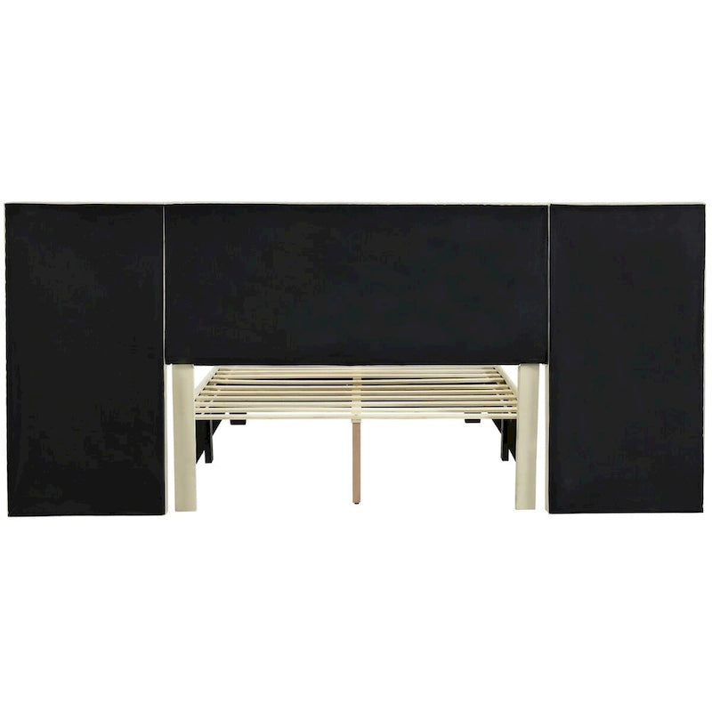 Upholstered Platform Bed with Oversized Headboard and Side Shelves