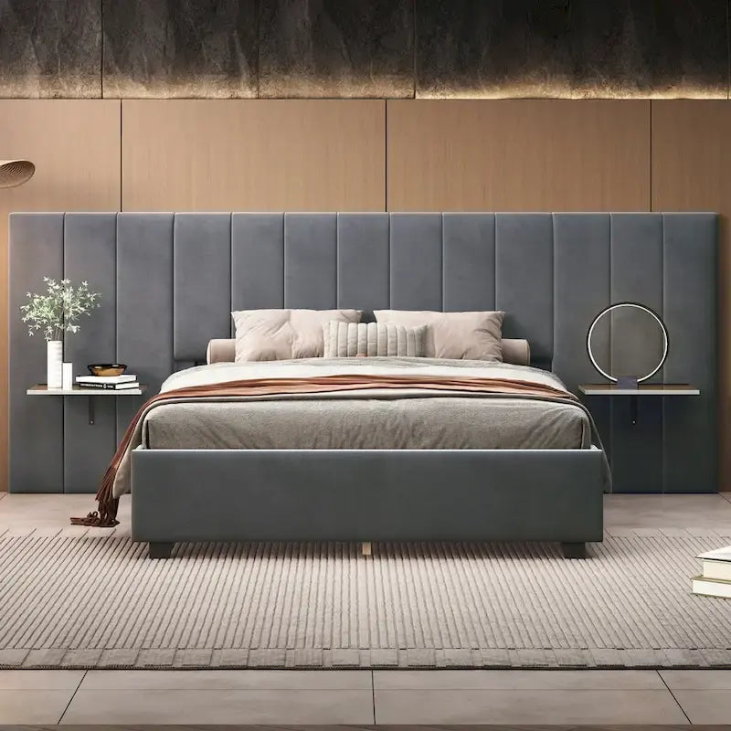 Upholstered Platform Bed with Oversized Headboard and Side Shelves