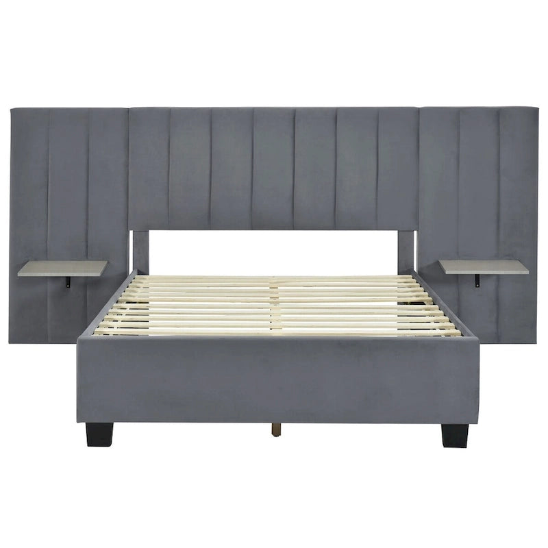 Upholstered Platform Bed with Oversized Headboard and Side Shelves