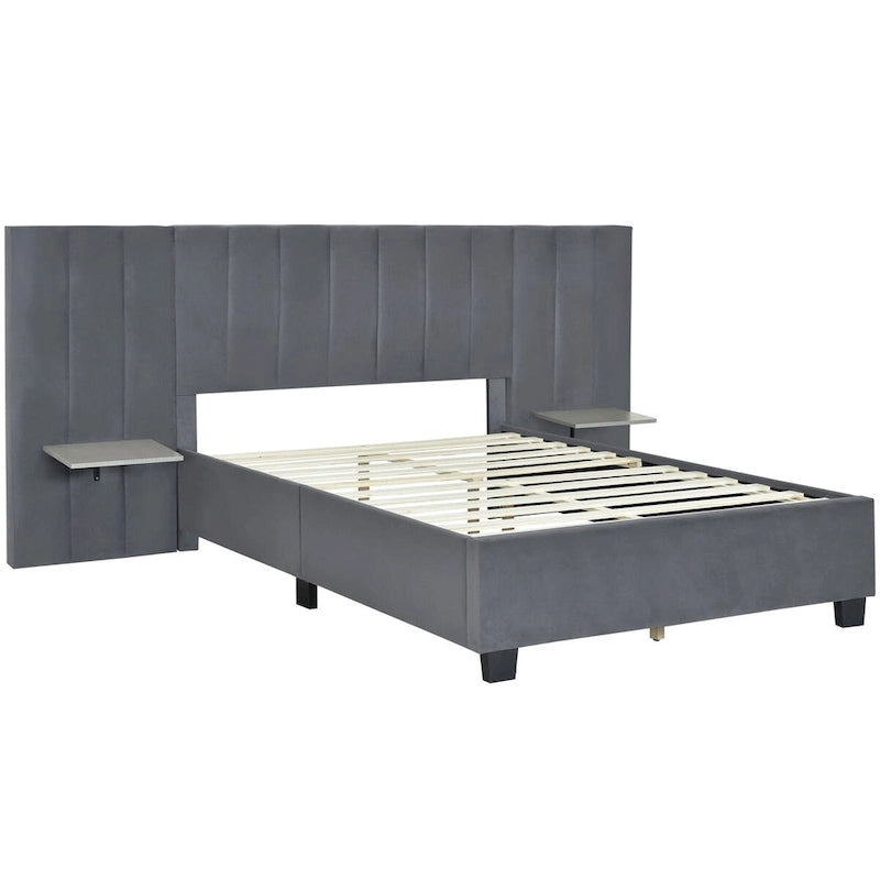 Upholstered Platform Bed with Oversized Headboard and Side Shelves