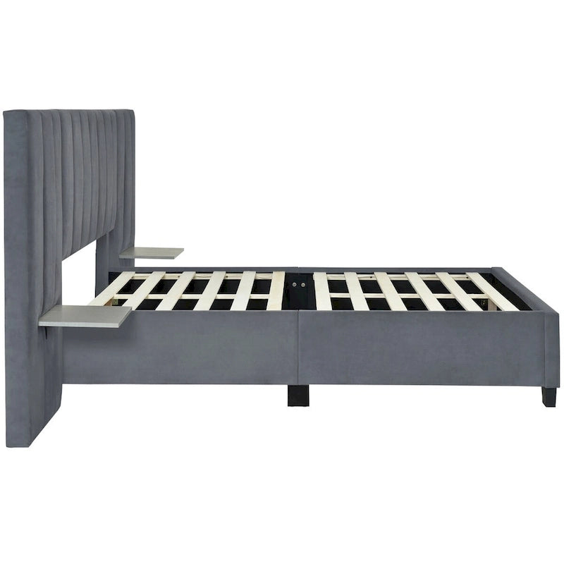 Upholstered Platform Bed with Oversized Headboard and Side Shelves