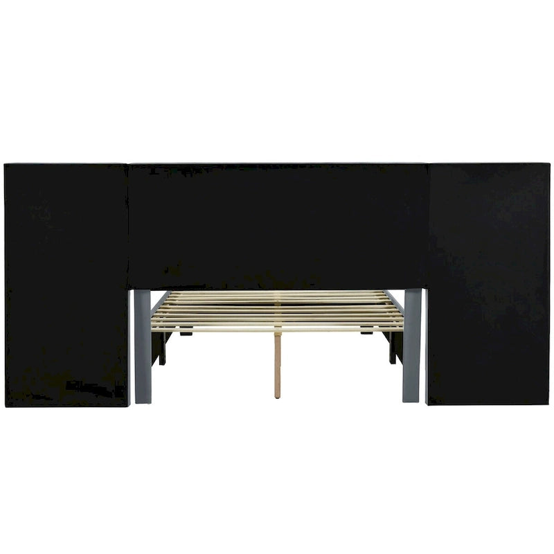Upholstered Platform Bed with Oversized Headboard and Side Shelves