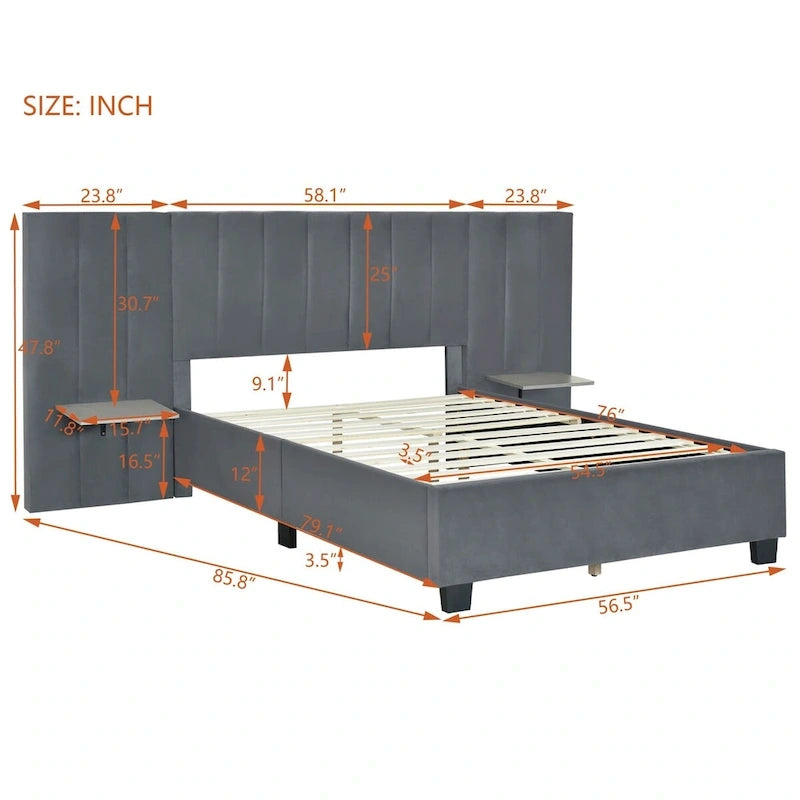 Upholstered Platform Bed with Oversized Headboard and Side Shelves