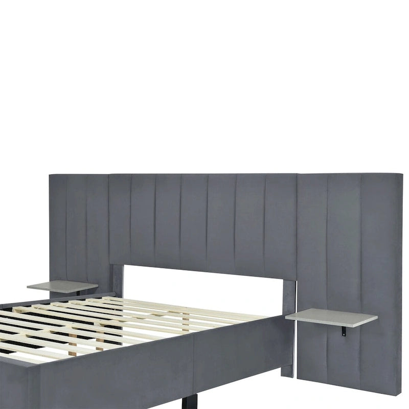 Upholstered Platform Bed with Oversized Headboard and Side Shelves