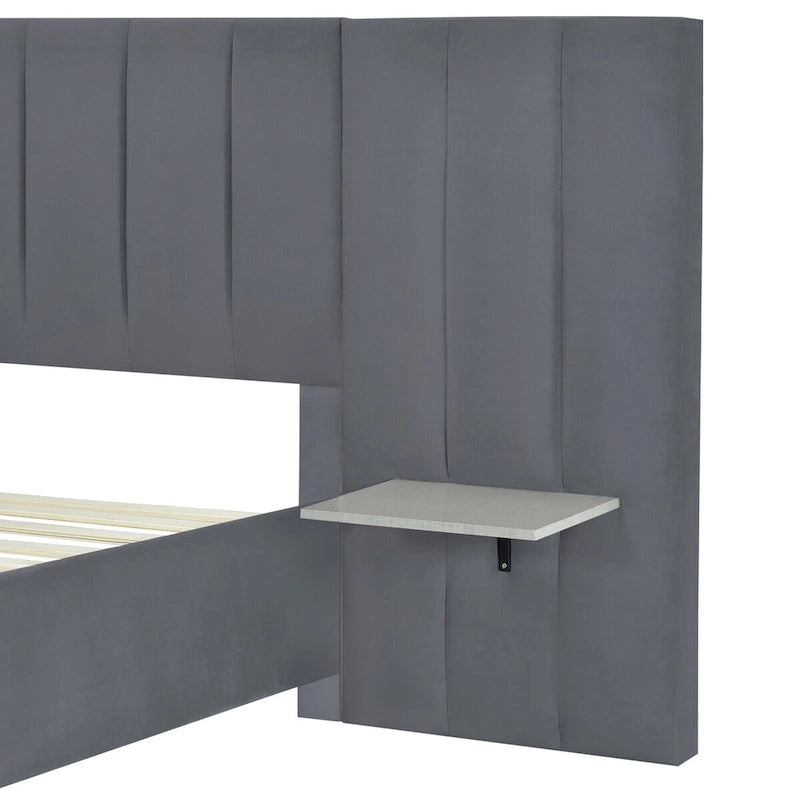 Upholstered Platform Bed with Oversized Headboard and Side Shelves