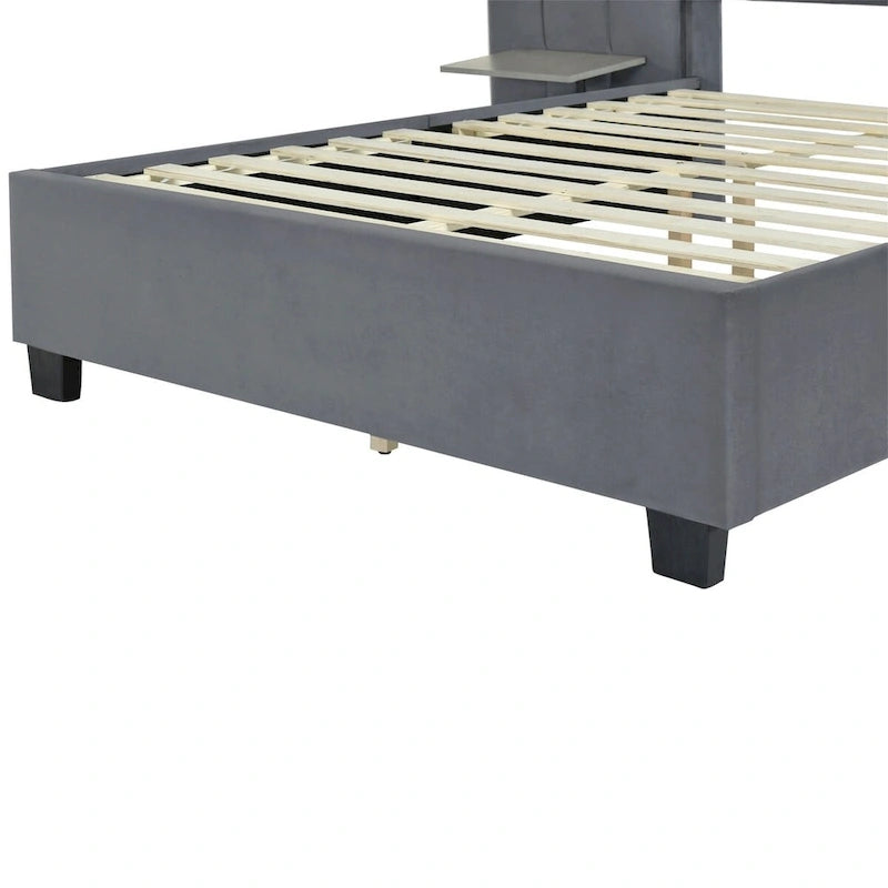 Upholstered Platform Bed with Oversized Headboard and Side Shelves