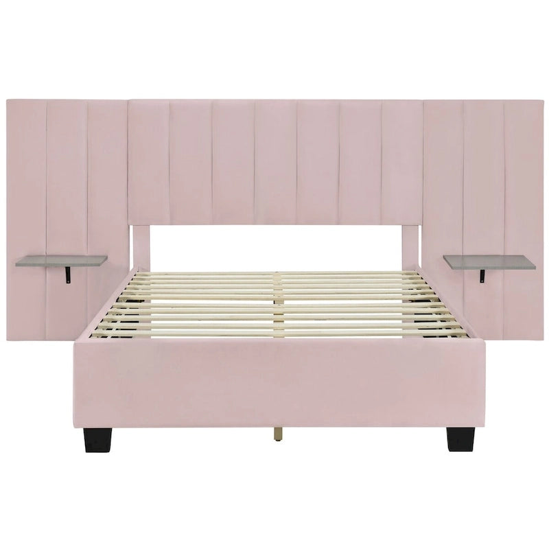 Upholstered Platform Bed with Oversized Headboard and Side Shelves