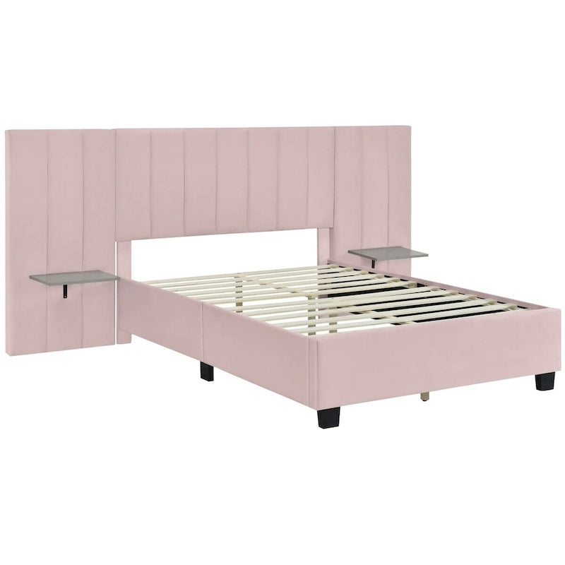 Upholstered Platform Bed with Oversized Headboard and Side Shelves