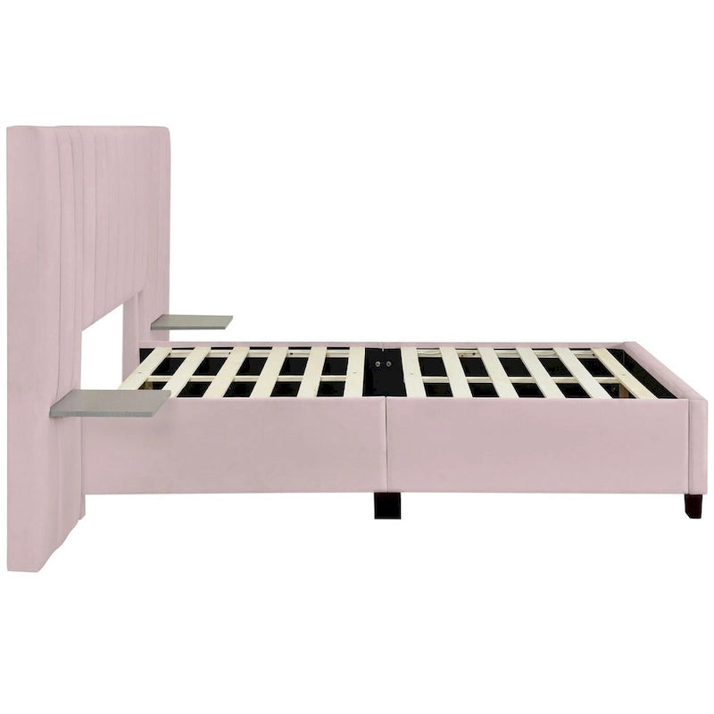 Upholstered Platform Bed with Oversized Headboard and Side Shelves