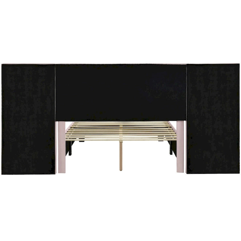 Upholstered Platform Bed with Oversized Headboard and Side Shelves
