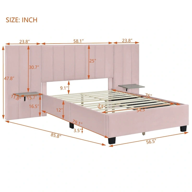 Upholstered Platform Bed with Oversized Headboard and Side Shelves