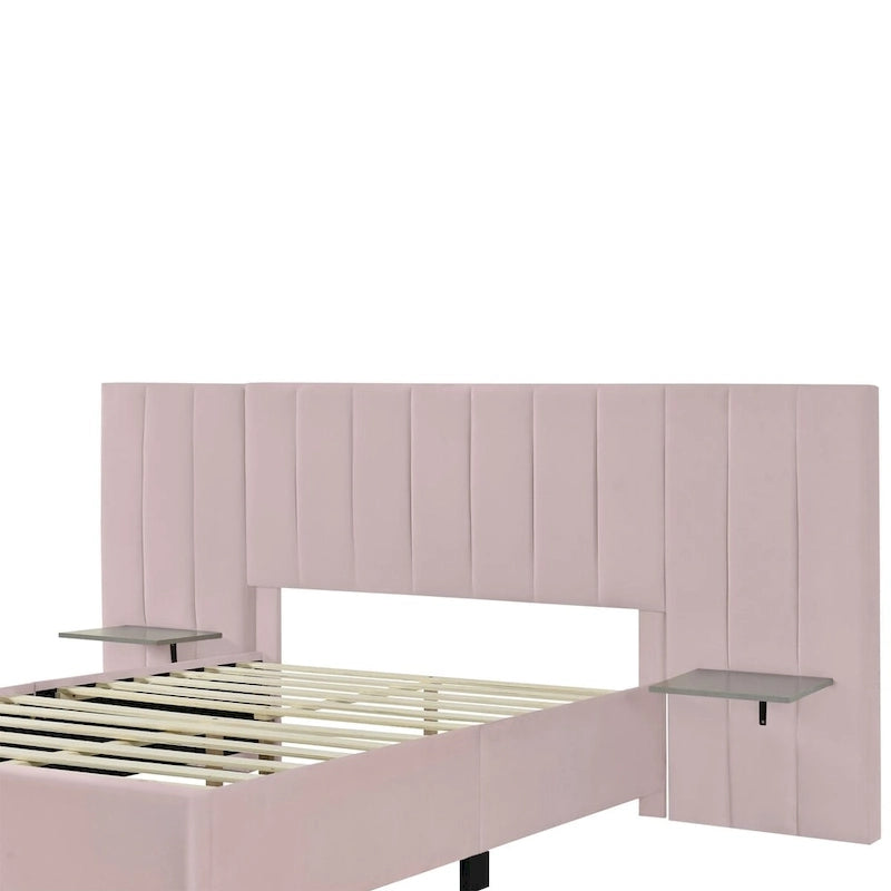 Upholstered Platform Bed with Oversized Headboard and Side Shelves