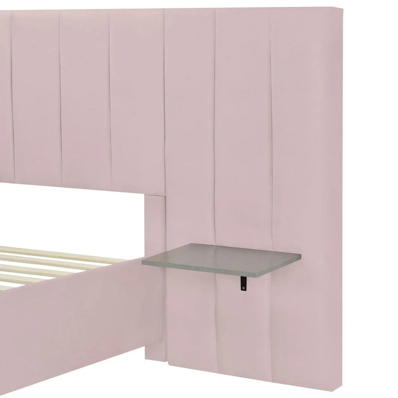 Upholstered Platform Bed with Oversized Headboard and Side Shelves