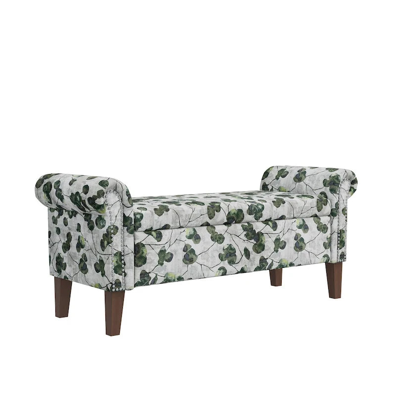Traditional Rolled Arm Storage Bench Ottoman with Nailheads