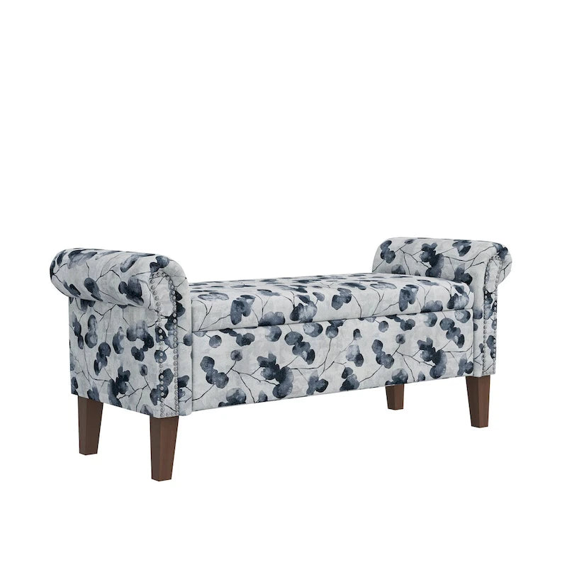 Traditional Rolled Arm Storage Bench Ottoman with Nailheads